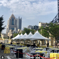 20x100' High Peak Marquee Tent, White Resin Chair, 60" round table, Red Rope & Chrome Stanchion
cocktail table
linen