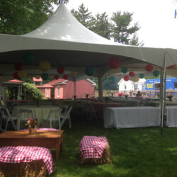 High Peak Marquee Tent, White Resin Chair, 8ft Table, 60" Round Table, Linens